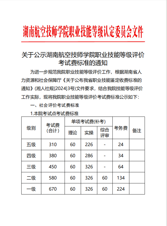 关于公示湖南航空技师南宫·NG28(China)官方网站职业技能等级评价考试费标准的通知